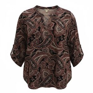 Bohemian Paisley Print Black Maroon Rust White Women's Top Size L